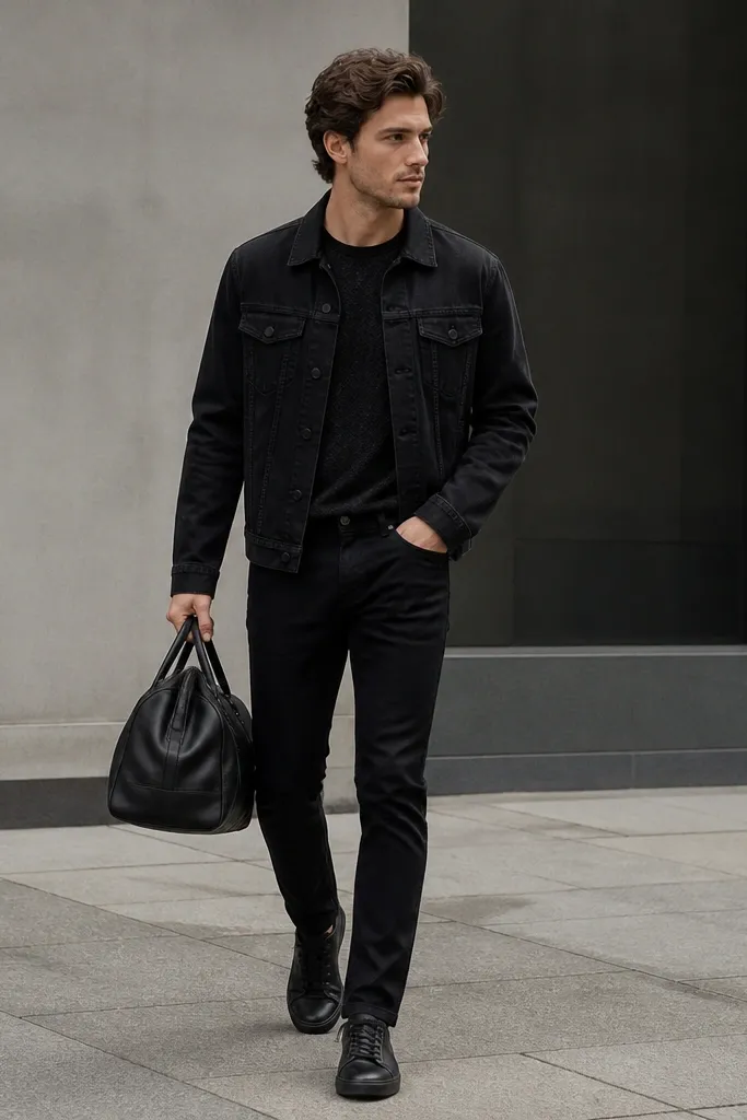 A black cropped denim jacket over a black textured tee (subtle heather or waffle knit). The pants are black slim jeans. The shoes are black leather sneakers and the bag is black.
