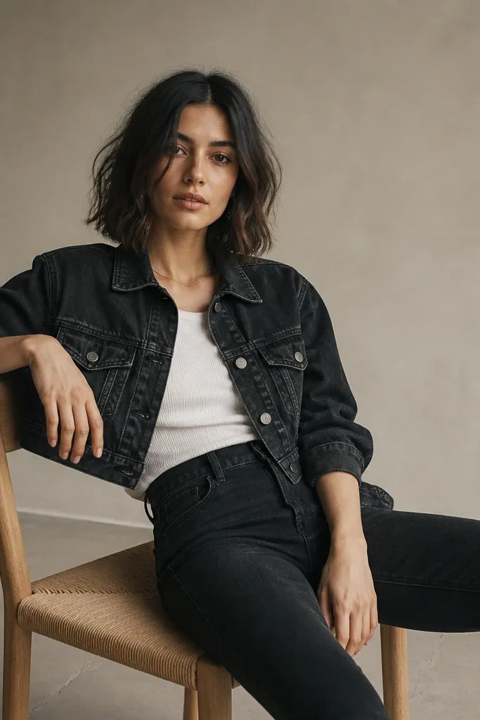 Low maintenance black cropped denim jacket outfit