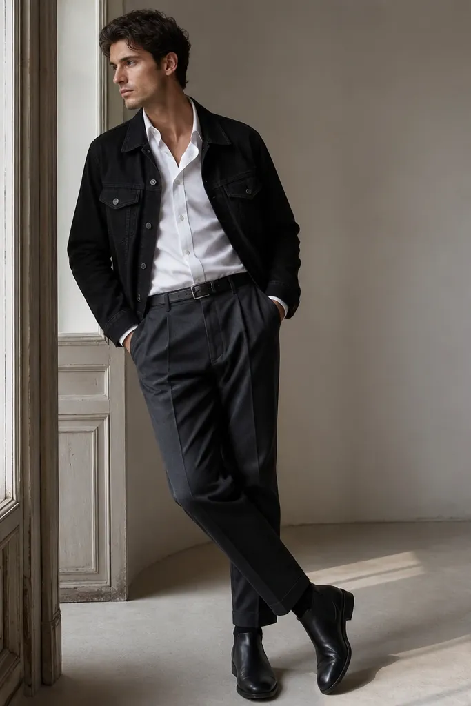 A model in a black denim jacket layered over a crisp white button-down (top button undone), paired with charcoal pleated trousers and a black leather belt. Chelsea-style black shoes finish the look.