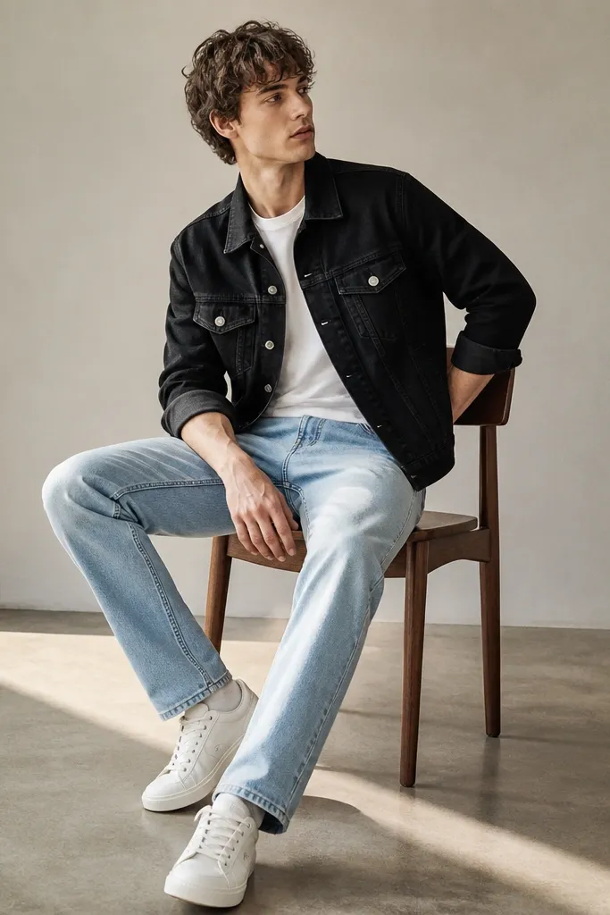 A model wearing a black denim jacket over a white tee, with light-wash straight jeans and clean white low-top sneakers. The jacket sleeves are buttoned and slightly rolled at the forearm.