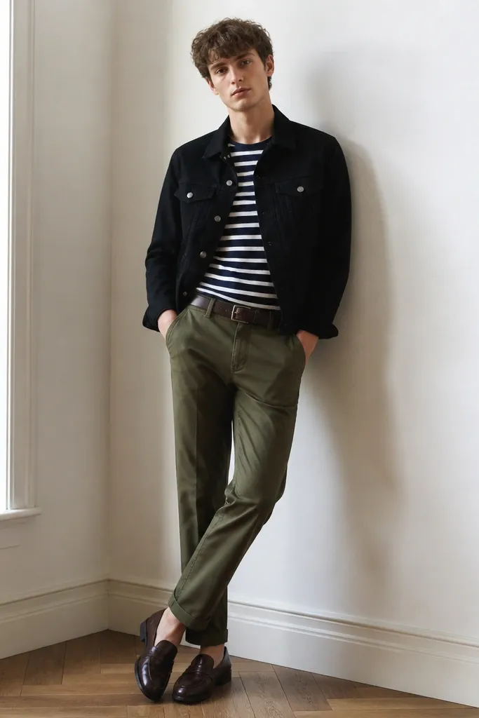 A model wearing a black denim jacket over a navy-and-white striped tee, olive chinos, and dark brown loafers. A slim belt matches the loafers.