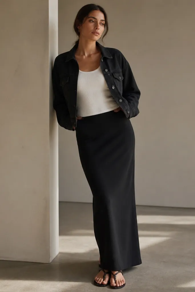 A model in a black denim jacket over a white ribbed tank, paired with a long black skirt that falls straight to the ankles. Black sandals and a small silver hoop earring are visible.