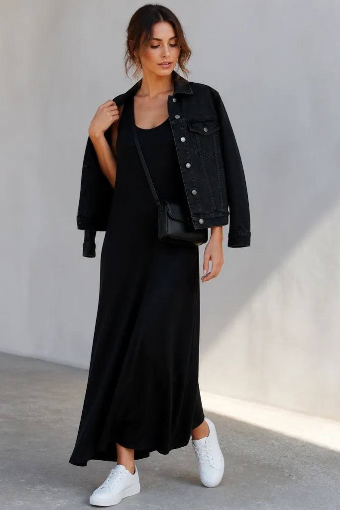 A model wearing a black denim jacket open over a black maxi dress with a simple neckline. White sneakers and a small crossbody bag in black are shown.