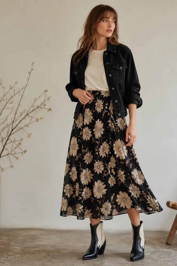 A model wearing a black denim jacket over a tucked cream tee, with a floral midi skirt (black base with soft cream flowers). Black-and-cream heeled boots finish the outfit.