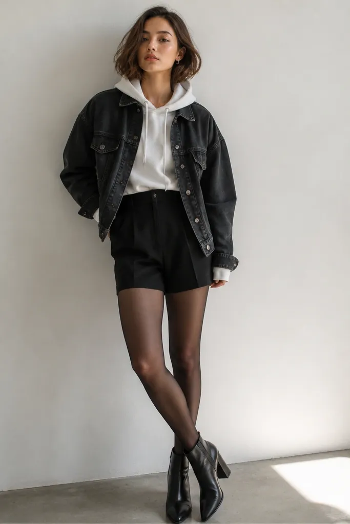 A model wearing a black denim jacket over a white hoodie, paired with black tailored shorts and sheer black tights. Black ankle boots are visible.