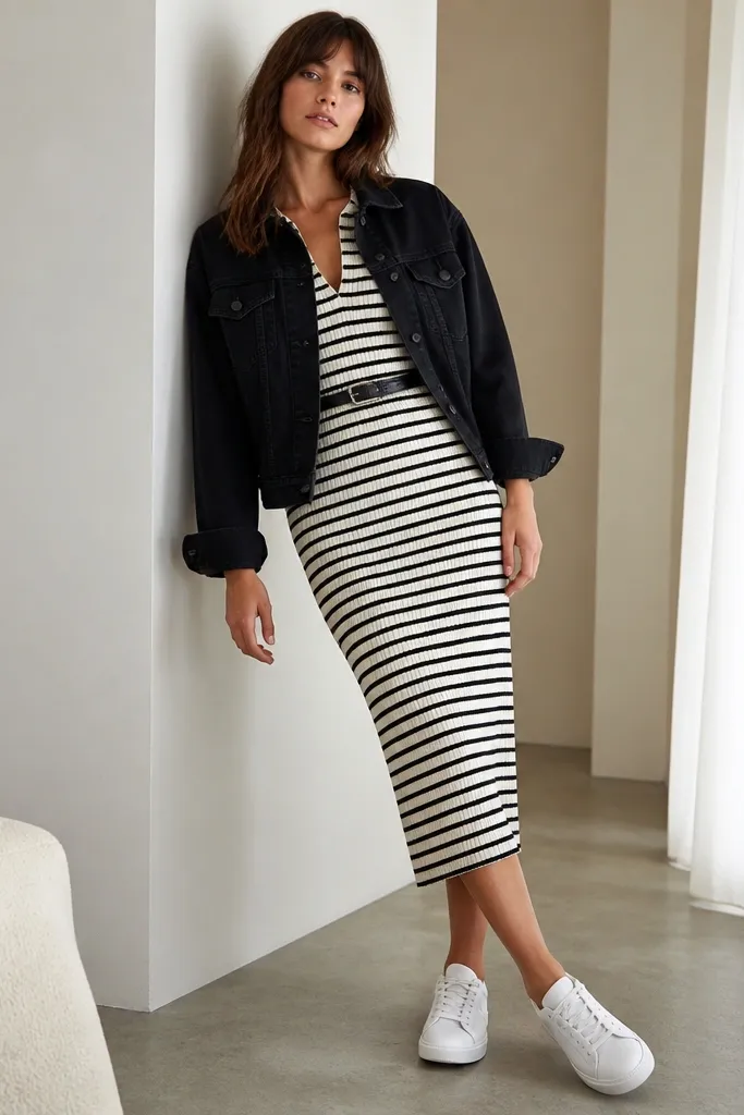 A model wearing a black denim jacket over a striped knit dress (black and off-white). A narrow black belt cinches the waist, and white sneakers finish the look.