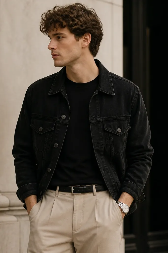 A model in a black denim jacket over a plain black tee, tucked into beige trousers. A simple silver watch and black leather belt are shown.
