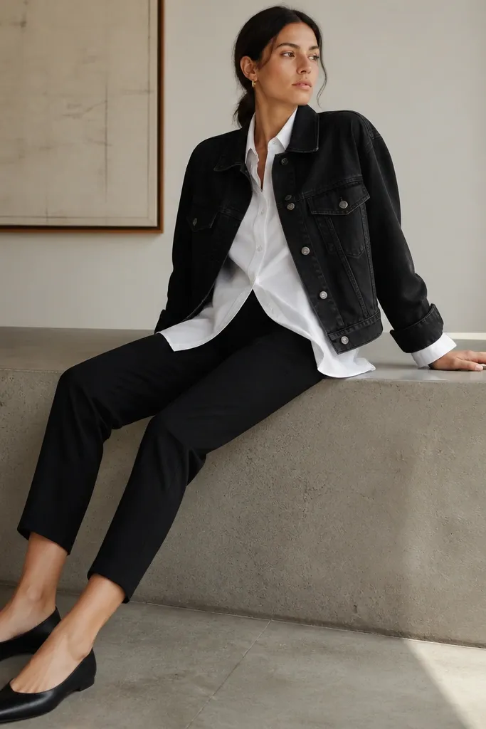 A model wearing a black denim jacket layered over a white overshirt, paired with black cigarette pants. The outfit is finished with black pointed-toe flats and small gold earrings.