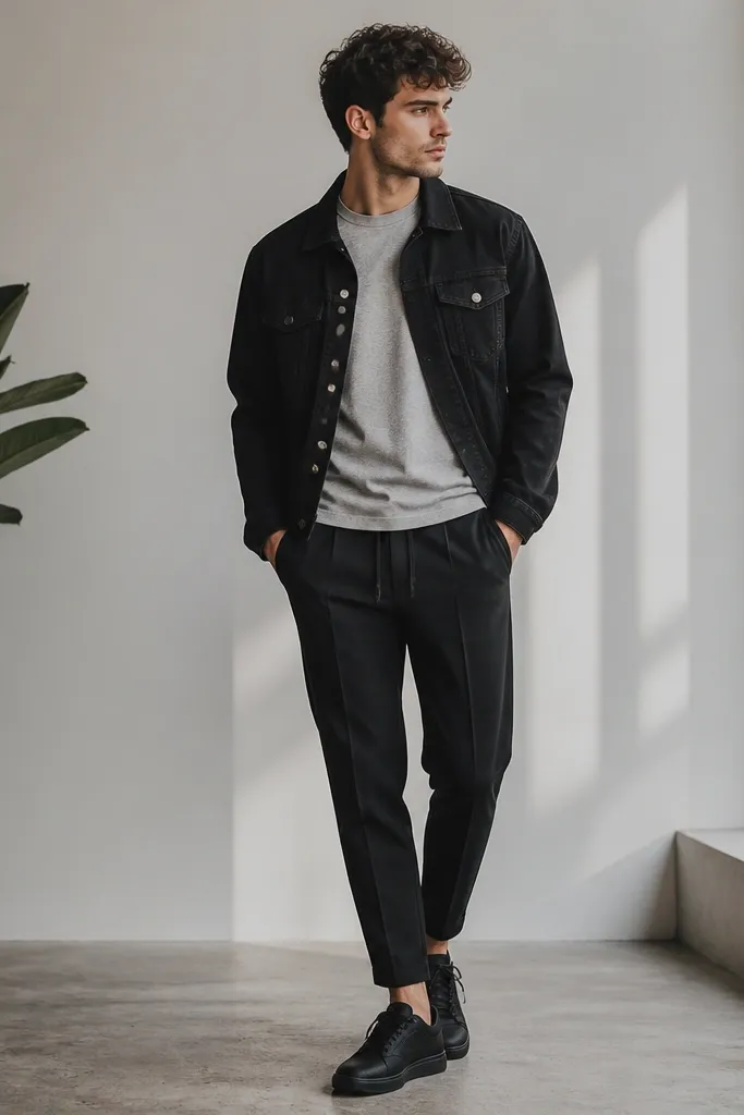 A model wearing a black denim jacket open over a light gray tee, with black joggers that have a crisp crease. Clean black sneakers are visible.