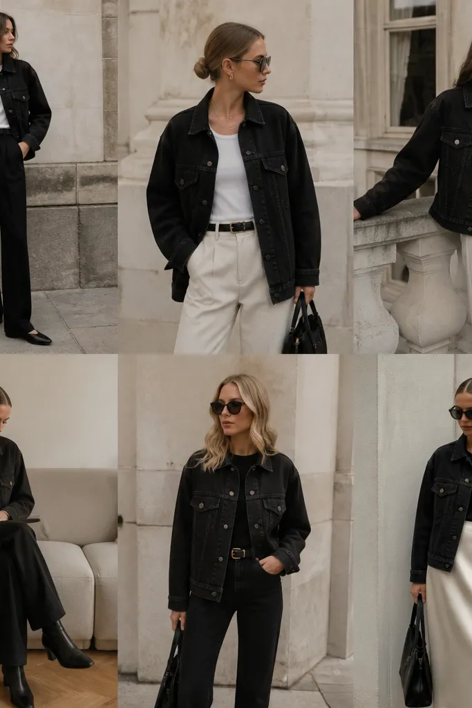 Aesthetic black denim jacket outfit ideas that look expensive