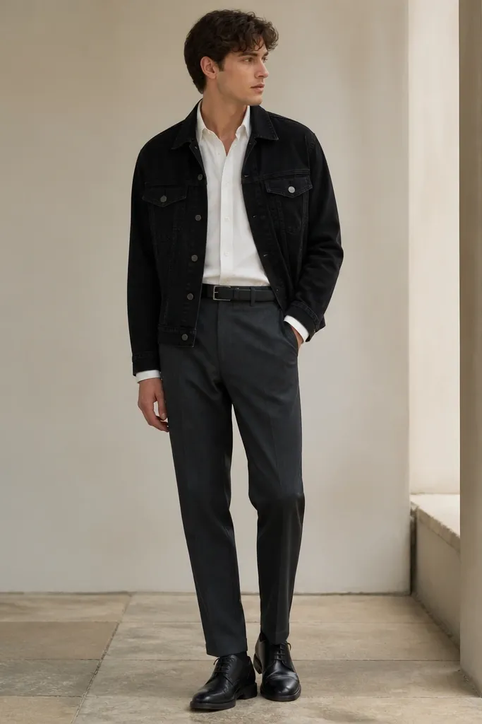 A black denim jacket over a white button-down shirt worn tucked into charcoal tailored trousers. The cuffs of the shirt peek out at the wrists; the look is finished with black leather lace-up shoes and a slim black belt.