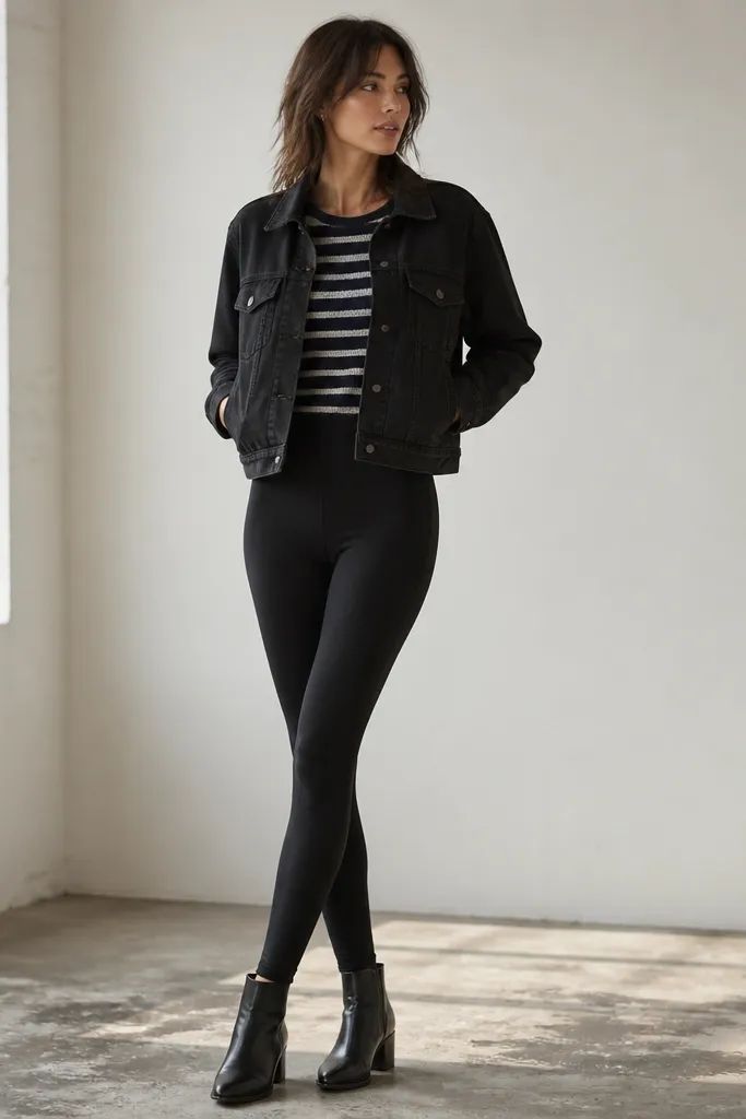 A black denim jacket worn open over a navy-and-white striped knit top. The model wears black leggings that sit high on the waist and finishes with ankle boots; the jacket hem ends around the waistband area.
