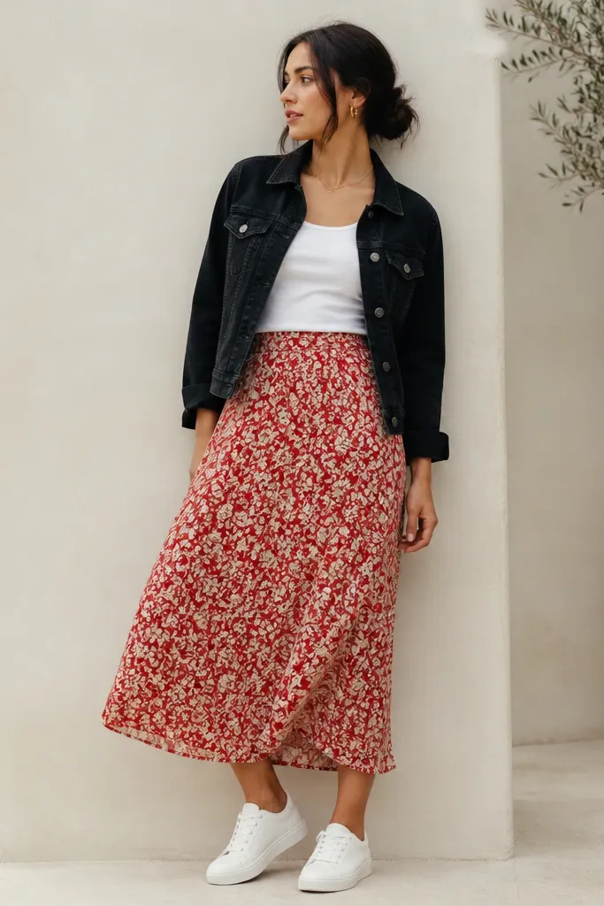 A black denim jacket worn open over a plain white tank tucked into a flowy midi skirt with small floral print in red and cream. The shoes are white sneakers with minimal branding.