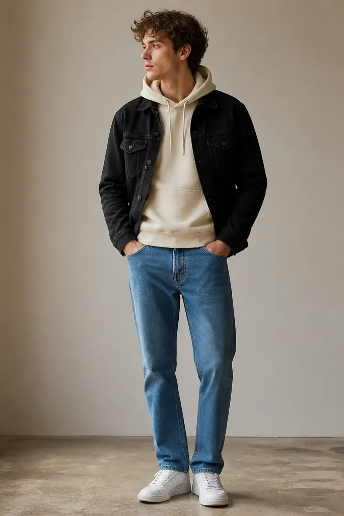 A black denim jacket worn open over a cream hoodie. The model wears medium-wash straight-leg jeans and white sneakers; the hoodie pocket sits centered above the jean waistband.