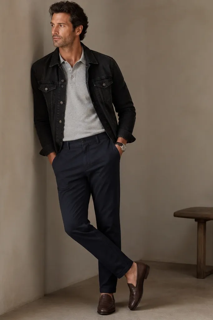 A black denim jacket over a light gray knit polo shirt tucked into dark navy chinos. The outfit is finished with brown loafers and a simple watch.