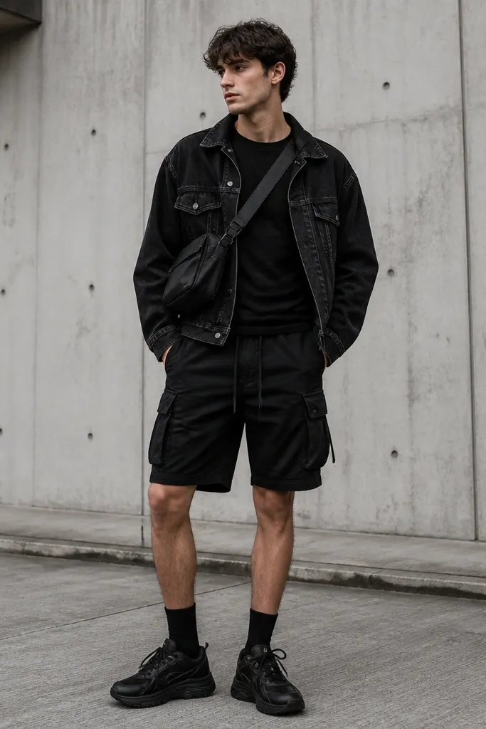 A black denim jacket worn open with a black fitted tee and black cargo shorts. The model wears chunky black sneakers and a crossbody bag in black nylon.