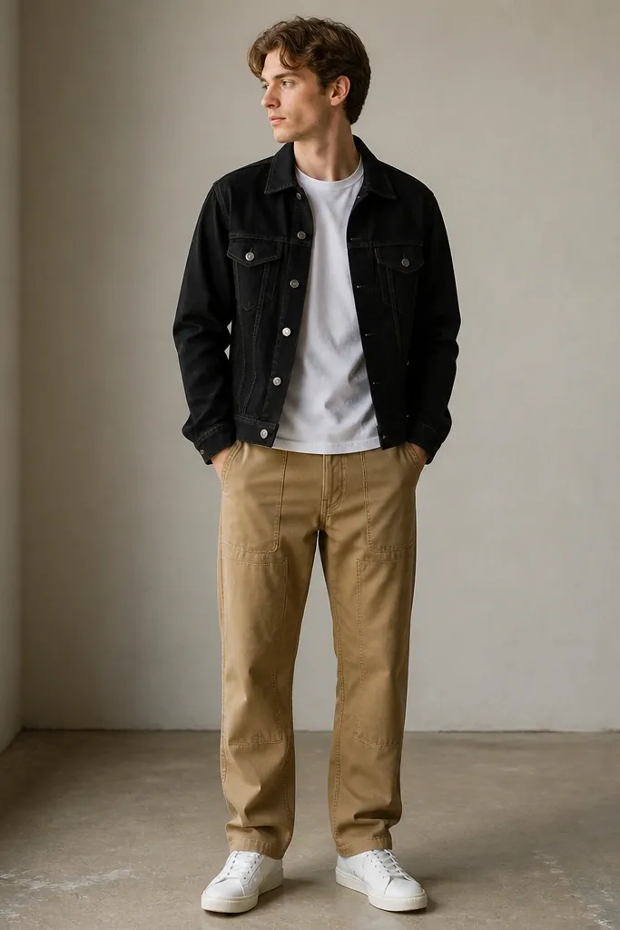 A black denim jacket over a white crewneck tee. The model wears khaki workwear pants with visible stitching and a relaxed straight leg, plus white sneakers.