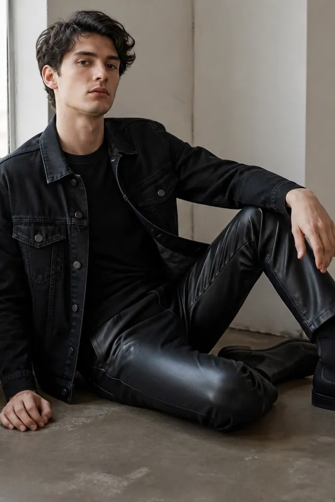 A black denim jacket worn open over a plain black crewneck. The model wears black faux leather pants with a slight sheen and black Chelsea boots.