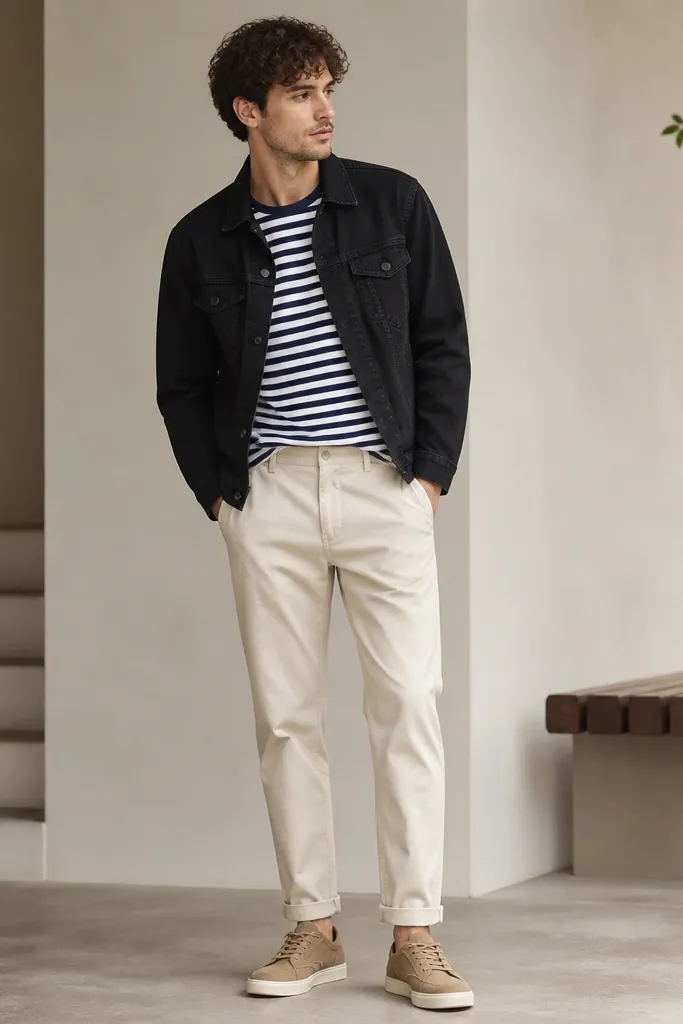 A black denim jacket over a navy-and-white striped tee. The model wears cream chinos and tan suede sneakers; the jacket is open and the tee is tucked at the front.