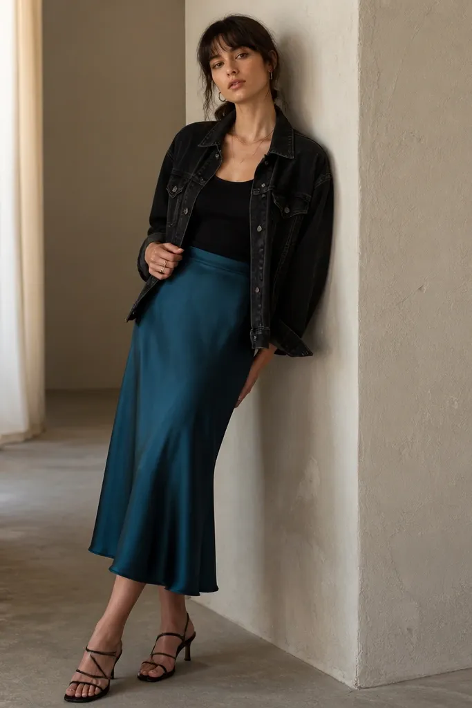 A black denim jacket worn open over a black tank top. The model wears a midi satin skirt in deep teal with a subtle sheen and black strappy heels.