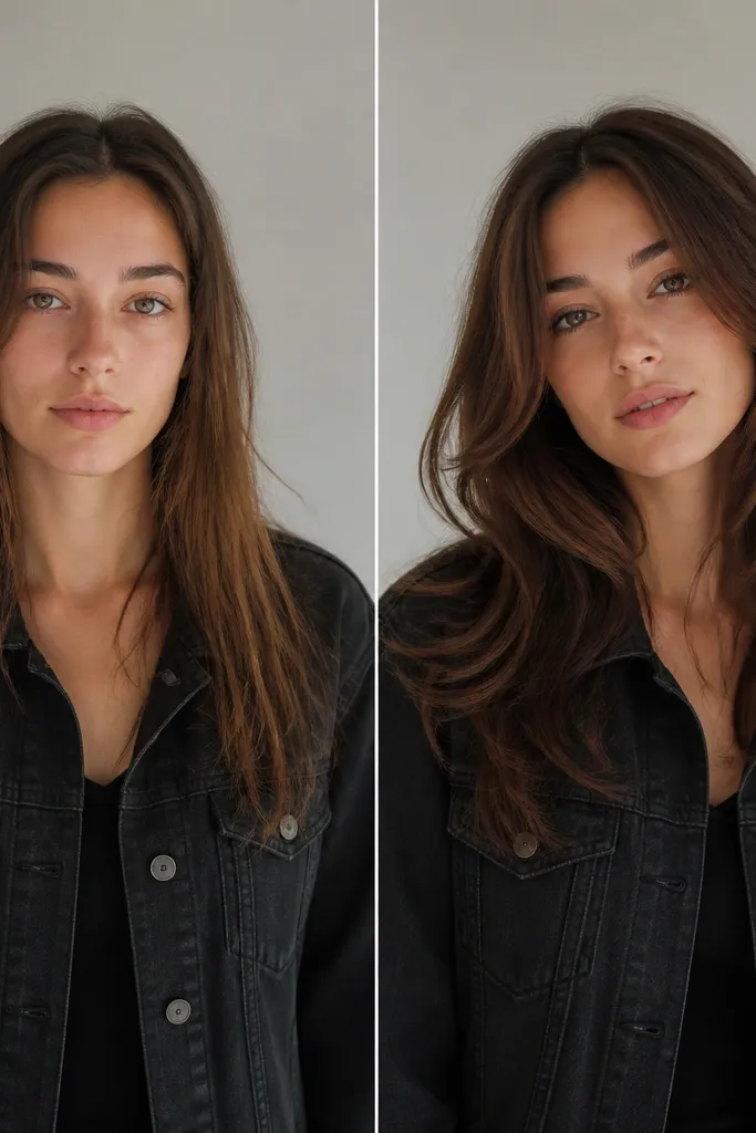 Before and after transformation with a black denim jacket outfit