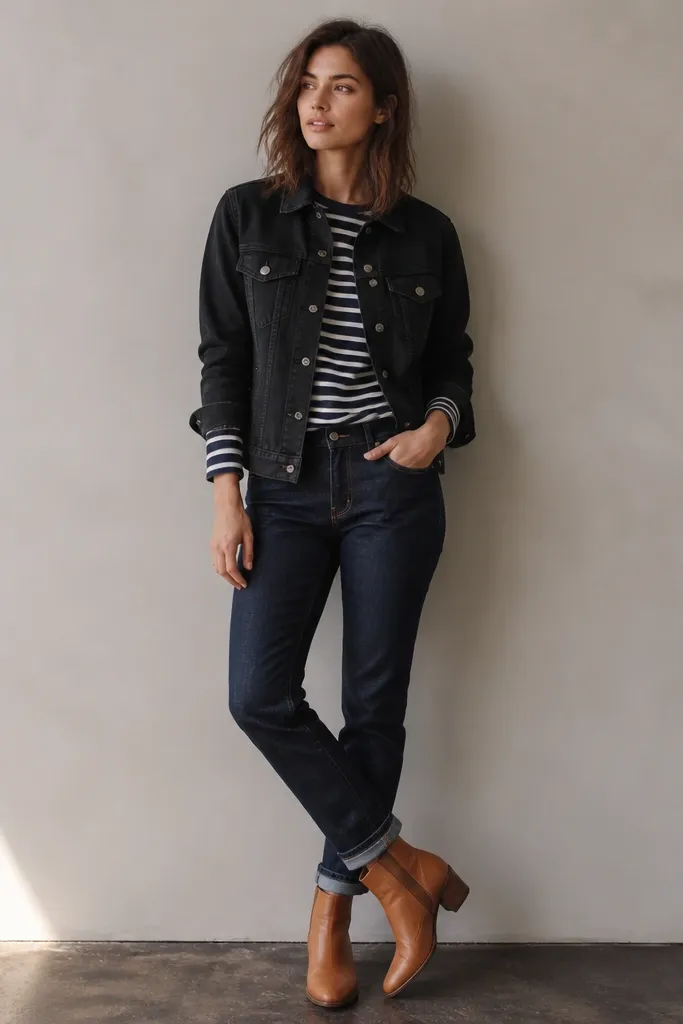 A black denim jacket over a navy-and-white striped long-sleeve top. The pants are dark indigo denim with minimal distressing, and the shoes are tan leather ankle boots.