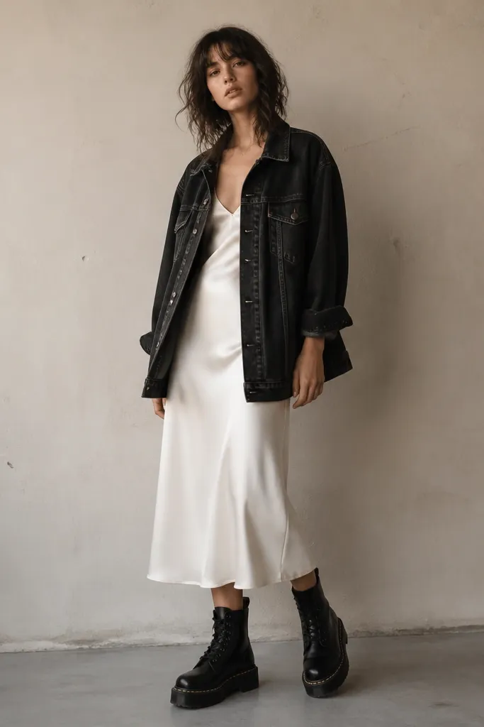 A black denim jacket worn open over a white satin slip skirt that falls mid-calf. The shoes are black combat boots with thick soles.
