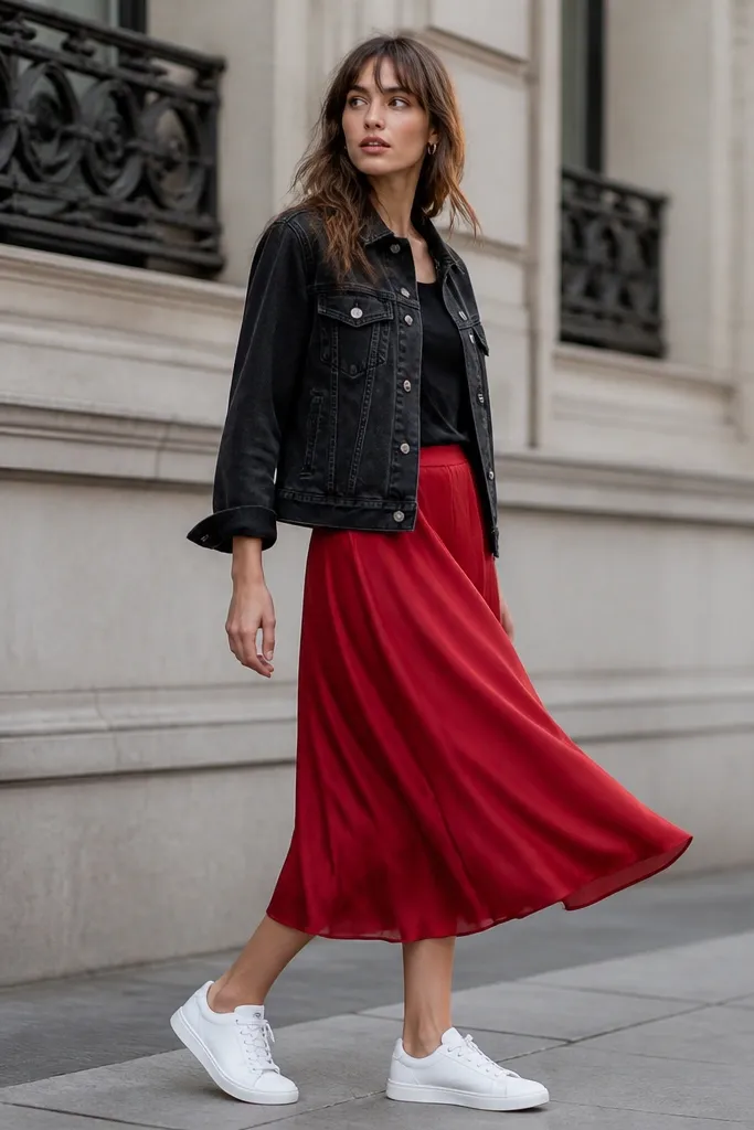 A black denim jacket worn over a simple top, paired with a red midi skirt that sways slightly. White sneakers anchor the look.