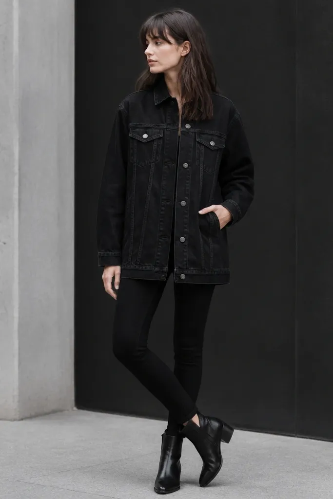 A black denim jacket with a slightly longer hem over black leggings or fitted trousers. The shoes are black ankle boots, and the look stays fully monochrome.