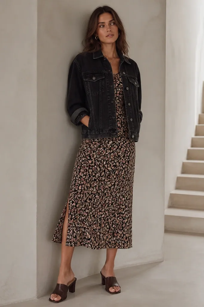 A black denim jacket layered over a floral midi dress. The shoes are heeled mules in black or dark brown.