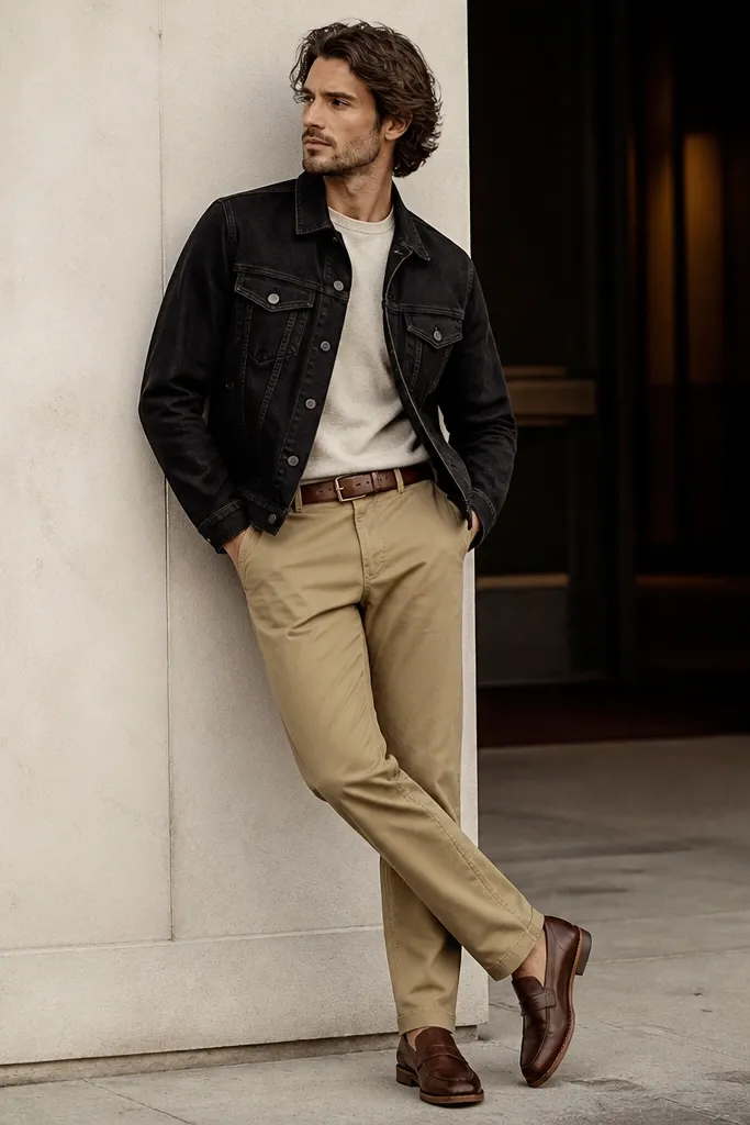A black denim jacket over a neutral top, paired with khaki chinos. A brown leather belt is visible at the waist and the shoes are brown leather loafers or boots.
