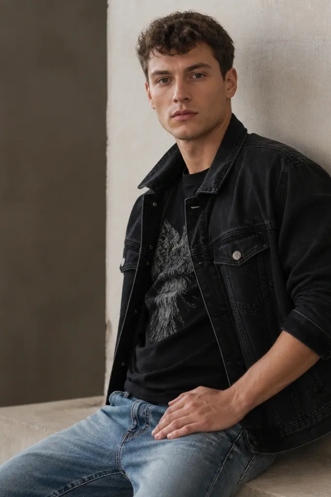A black denim jacket worn over a black graphic T-shirt. The jeans are a lighter blue wash than the jacket, with minimal distressing.