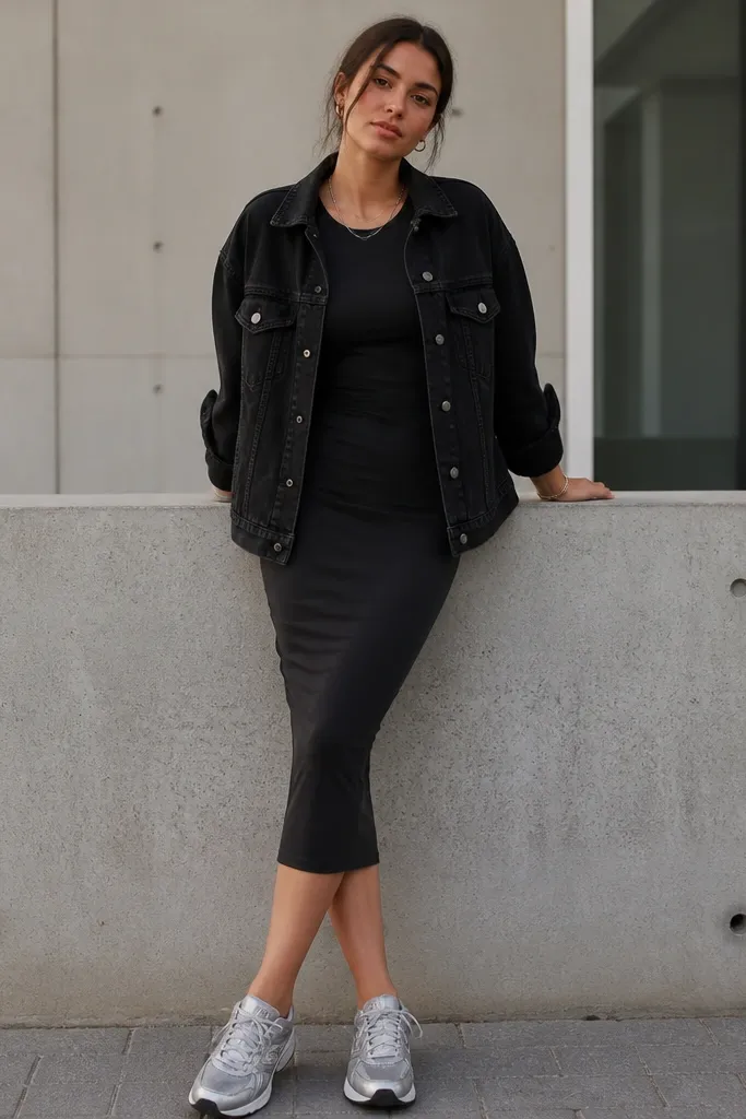 A black denim jacket worn over a fitted midi dress in dark gray or black. The sneakers are silver or metallic gray, and small silver jewelry is visible.