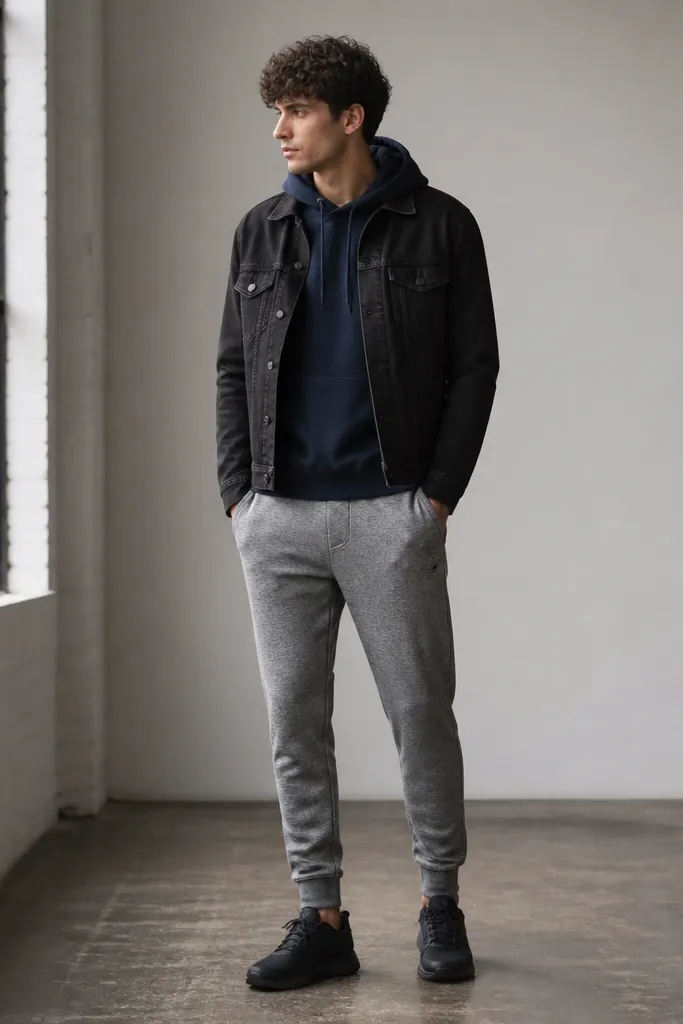 A black denim jacket layered over a navy hoodie. The pants are heather gray sweatpants with a tapered leg, and the shoes are dark sneakers.