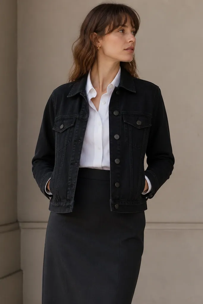 A black denim jacket worn over a crisp white button-down shirt. The bottom is a straight skirt in black or dark gray, with a clean waistband.