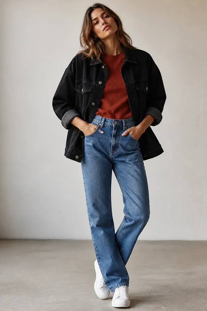 An oversized black denim jacket layered over a rust ribbed short-sleeve tee. The model wears washed blue straight jeans and clean white low-top sneakers. The jacket sleeves are rolled once at the forearm.