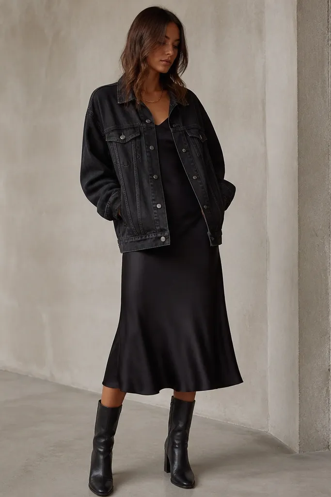 A black satin slip skirt with a slight sheen under an oversized black denim jacket. The model wears mid-calf black boots and a thin gold necklace. The skirt hangs straight with a subtle flare at the hem.