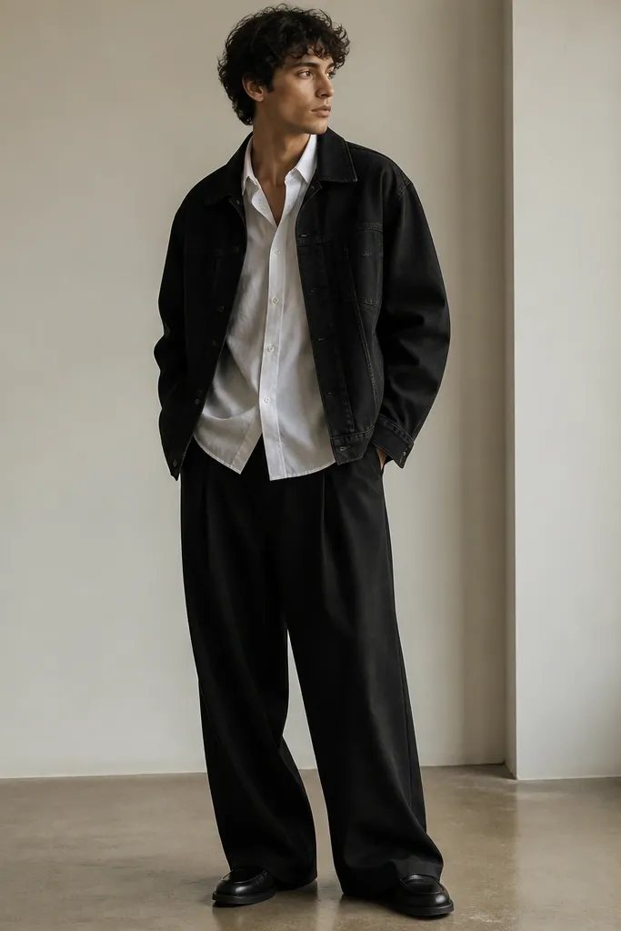 An oversized black denim jacket worn open over a white oxford button-down. The model has black wide-leg trousers and black leather loafers. The oxford collar is visible and the top button is undone.