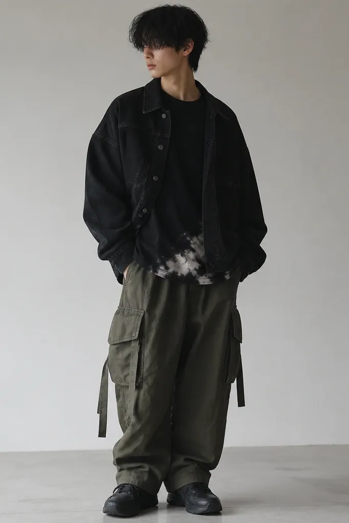 An oversized black denim jacket over a black graphic tee. The model wears olive cargo pants with pockets and straps, plus black sneakers. The jacket is worn slightly off-center, showing the tee's graphic at the hem.