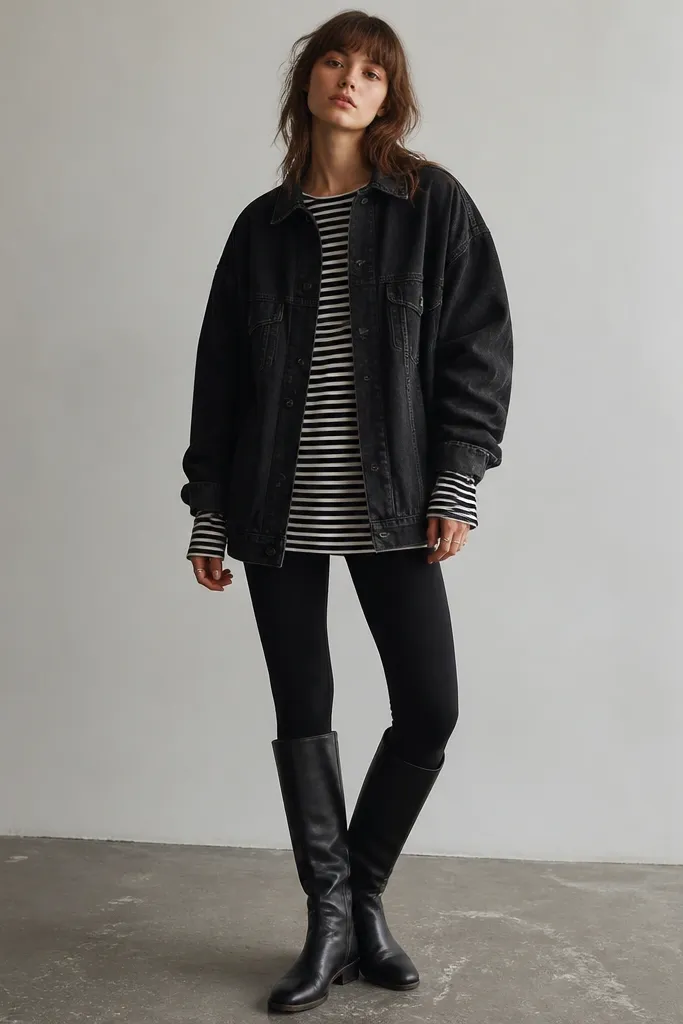 An oversized black denim jacket layered over a black-and-white striped long-sleeve shirt. The model wears black leggings and knee-high black boots. The jacket sleeves are slightly bunched at the wrists.