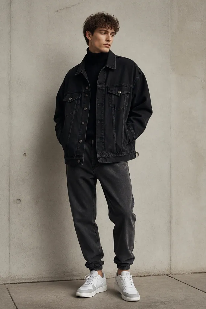 An oversized black denim jacket worn over a black knit turtleneck. The model wears charcoal denim joggers with a cuff at the ankle and white-gray sneakers. The jacket looks slightly longer than the joggers waistband.