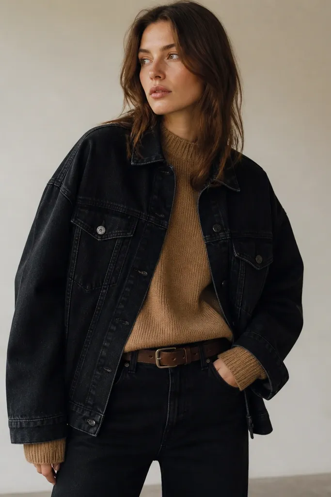 An oversized black denim jacket worn over a camel knit sweater. The model wears black straight jeans and a brown leather belt. The sweater cuffs peek out from the jacket sleeves.