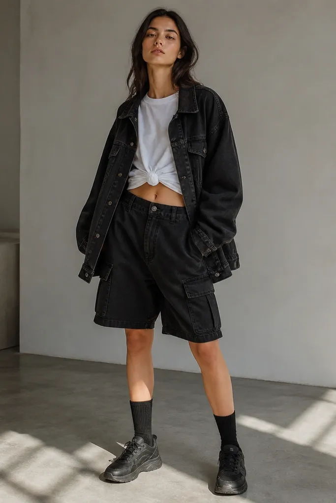 An oversized black denim jacket over a white tee knotted at the waist. The model wears black cargo shorts and long socks pulled up to mid-calf with dark sneakers. The jacket is worn open, showing the knotted tee line.