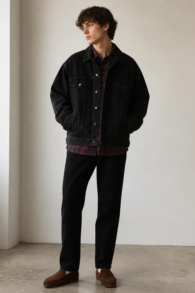 An oversized black denim jacket over a red-and-navy plaid flannel. The model wears black jeans and brown suede loafers. The flannel hem shows at the jacket bottom and the collar peeks out.