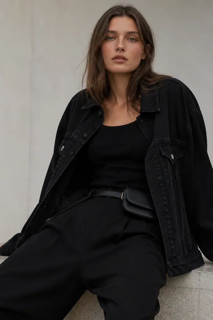 An oversized black denim jacket over a black ribbed tank. The model wears black wide-leg pants and a small black belt bag at the hip. The outfit is fully black with different textures: ribbed knit, denim, and smooth fabric.