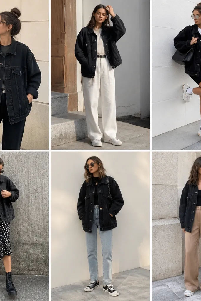 Budget-friendly oversized black denim jacket outfit ideas
