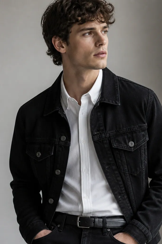 A black denim jacket worn over a crisp white button-up shirt tucked into straight black jeans. The person wears black leather ankle boots and a black belt. The outfit is photographed from the waist up and the shirt collar sits neatly.