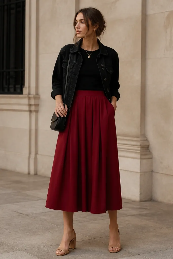 A black denim jacket over a simple black top, paired with a deep red midi skirt with subtle pleats. The model wears tan heeled sandals and a black mini bag. The red fabric has a soft matte finish.