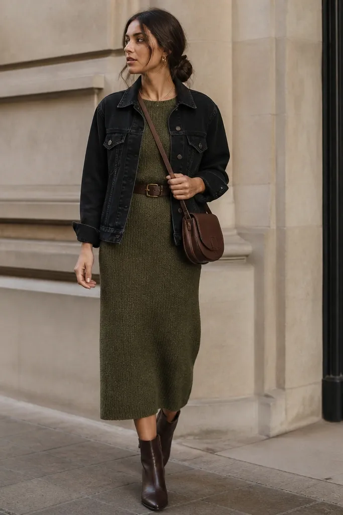 A black denim jacket worn over an olive green knit midi dress. The person has on dark brown ankle boots and a slim belt at the waist. A crossbody bag in chocolate brown appears at the hip.