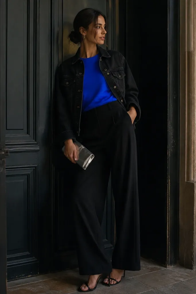 A bright cobalt blue top under a black denim jacket, paired with black wide-leg trousers. The model wears black strappy heels and a small metallic silver clutch. Lighting is low and the cobalt looks saturated.